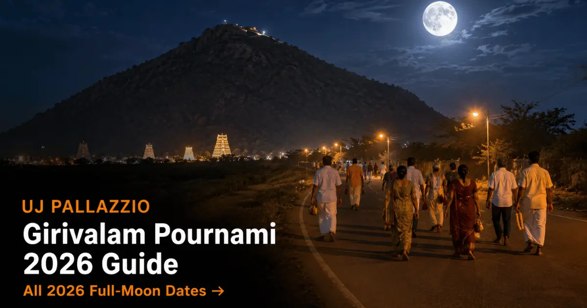 Calm evening reception at UJ Pallazzio, Tiruvannamalai — a peaceful base for the overnight Girivalam Pournami walk