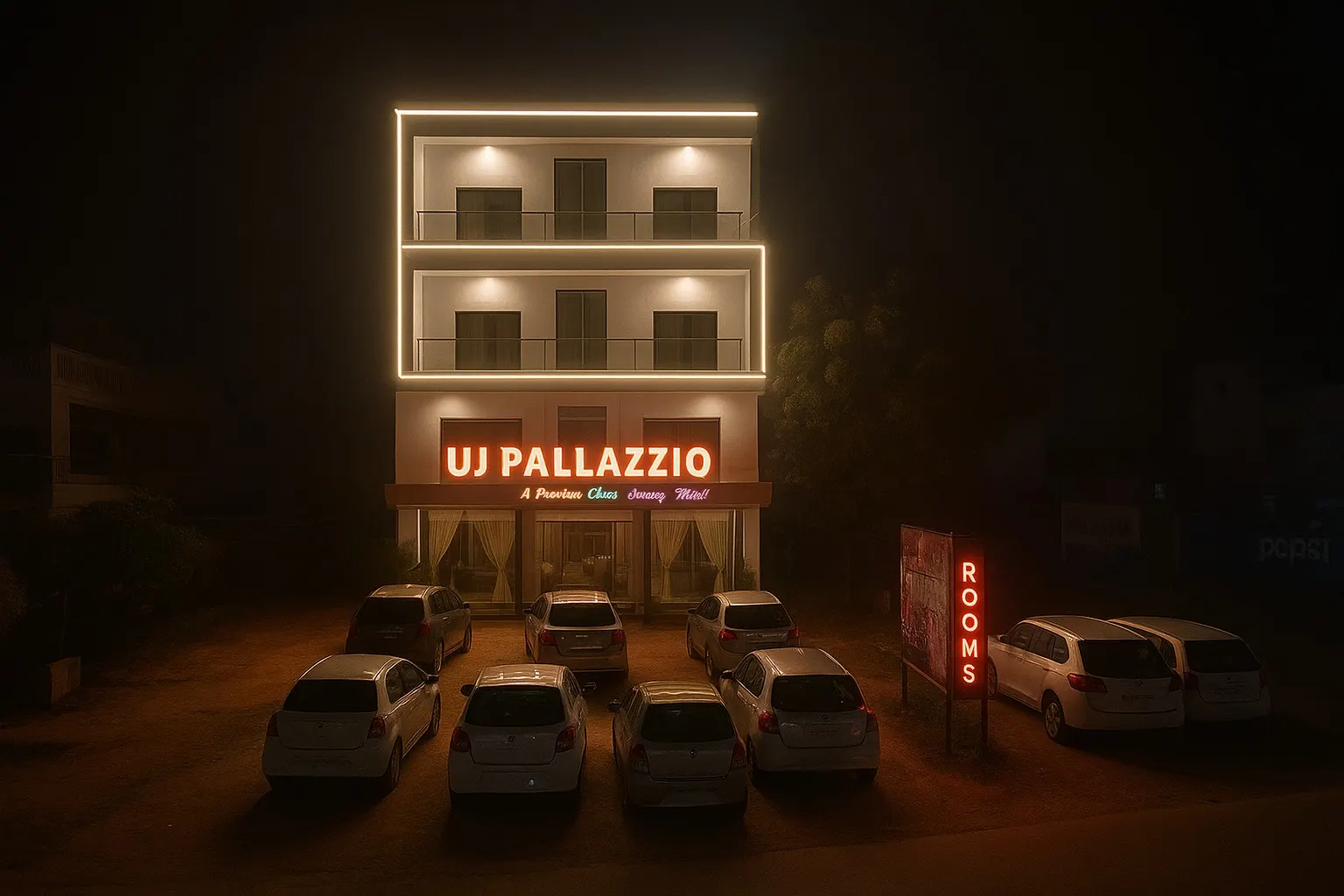 Guest cars parked overnight in the free, CCTV-monitored parking at UJ Pallazzio hotel, Tiruvannamalai