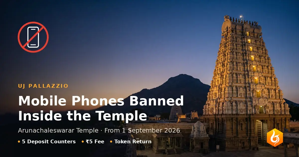 The floodlit Rajagopuram of Arunachaleswarar Temple at dusk with Arunachala Hill behind it, Tiruvannamalai, overlaid with a no-mobile-phone symbol and a notice that phones are banned inside the temple from 1 September 2026