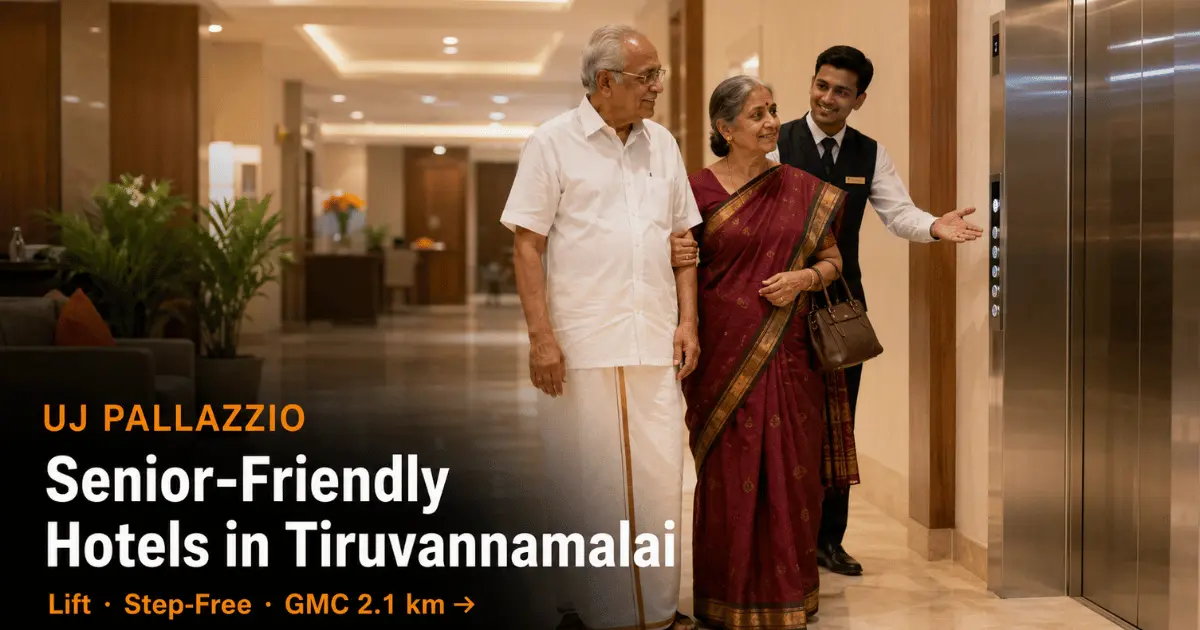 Clean, well-lit, step-free corridor at UJ Pallazzio — an accessible, senior-friendly hotel in Tiruvannamalai