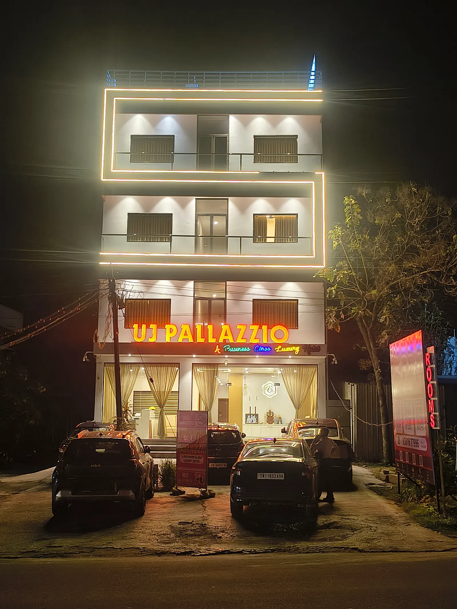 Front view of UJ Pallazzio, a business-class hotel with free secure parking on the Tiruvannamalai bypass road